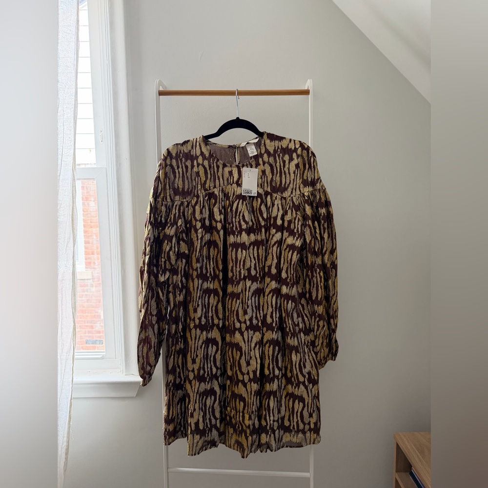 H&M Brown and Mustard Metallic Animal-Print Tunic Dress
